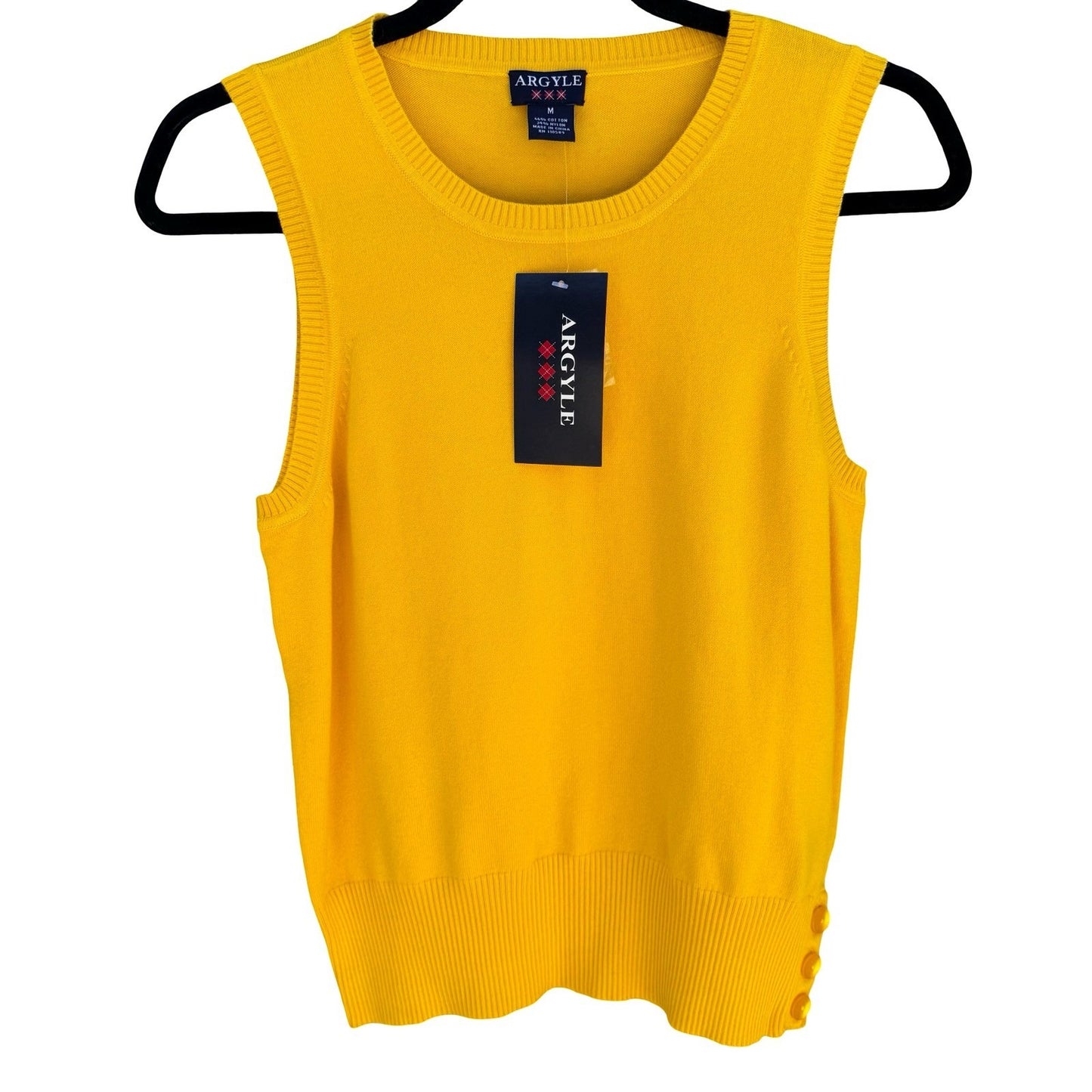 Argyle Womens Yellow Sleeveless Sweater Vest Crew Neck Side Buttons Medium NEW