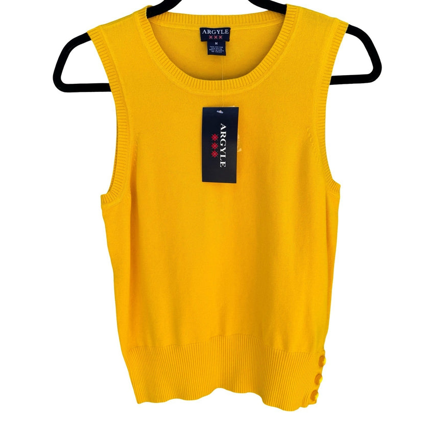 Argyle Womens Yellow Sleeveless Sweater Vest Crew Neck Side Buttons Medium NEW