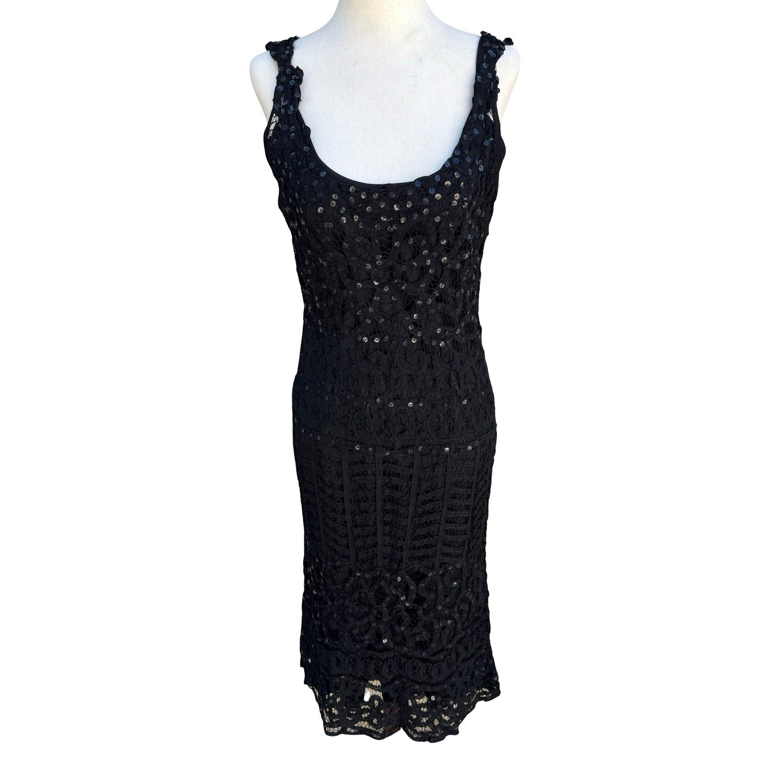 Kroshetta Papillon Vintage 80s Black Crochet Sequin Midi Evening Dress Womens M