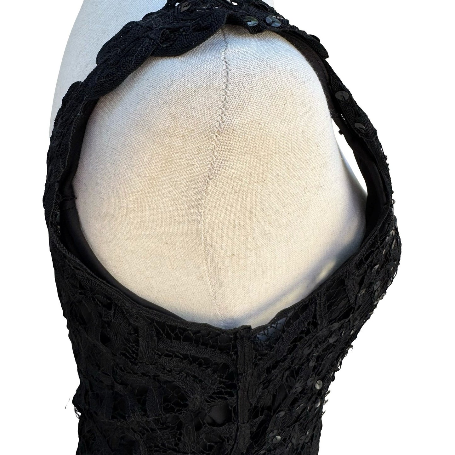 Kroshetta Papillon Vintage 80s Black Crochet Sequin Midi Evening Dress Womens M