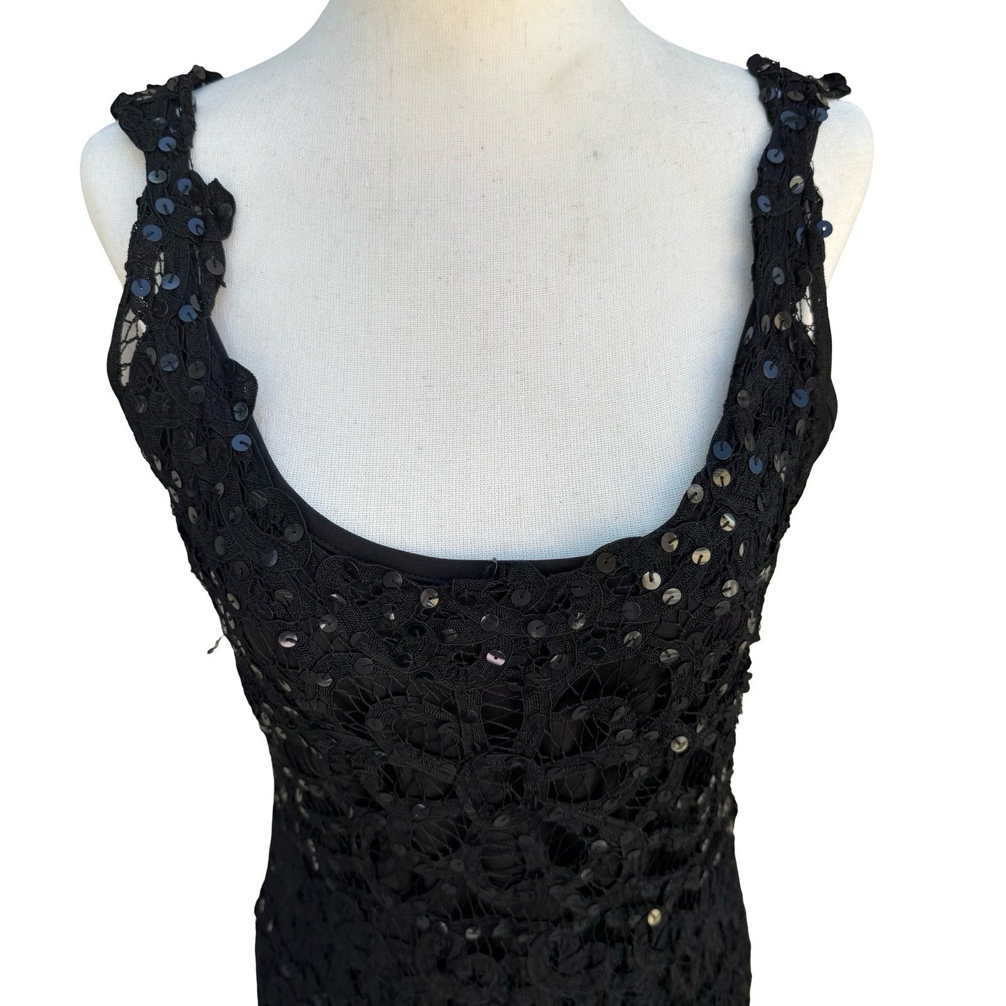 Kroshetta Papillon Vintage 80s Black Crochet Sequin Midi Evening Dress Womens M