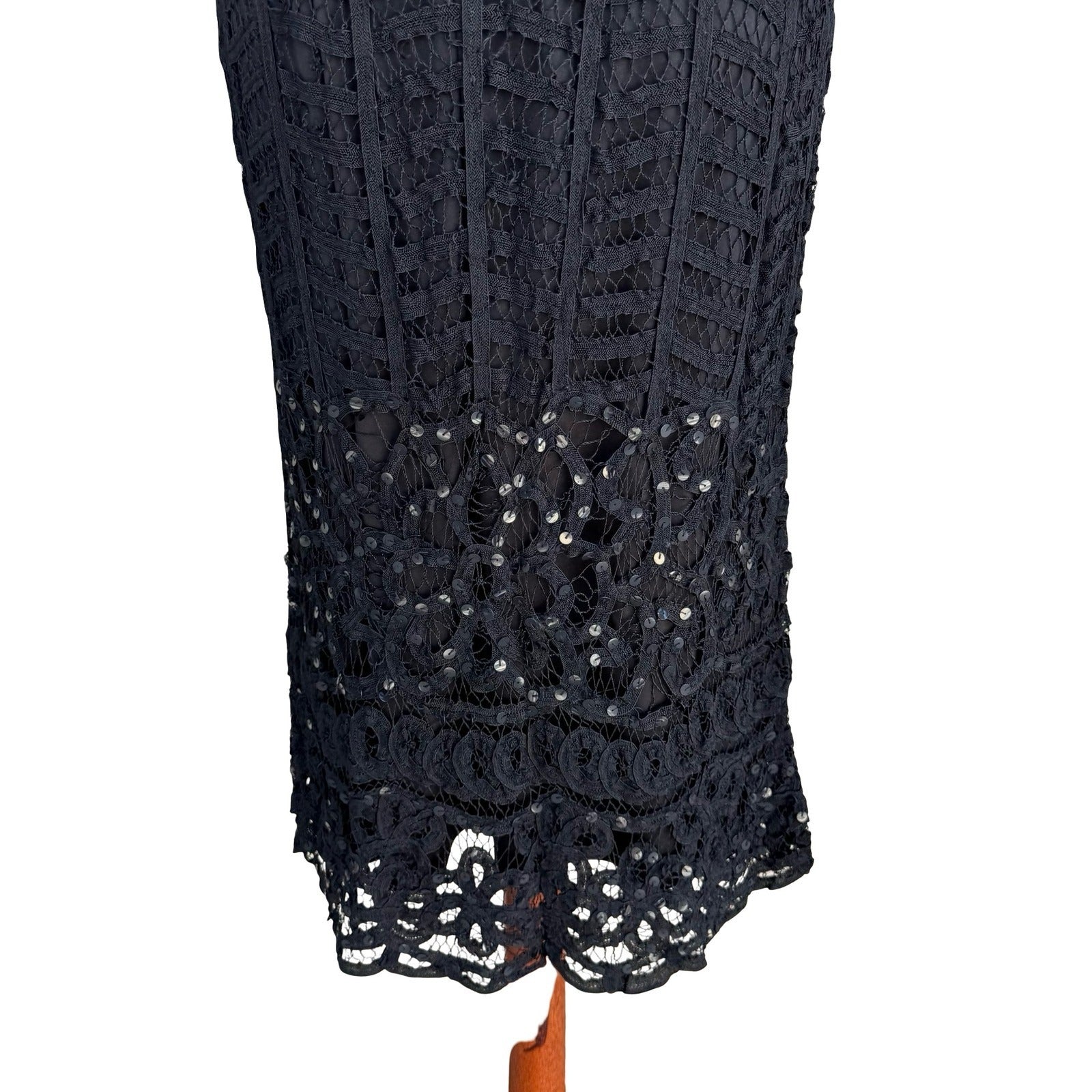 Kroshetta Papillon Vintage 80s Black Crochet Sequin Midi Evening Dress Womens M