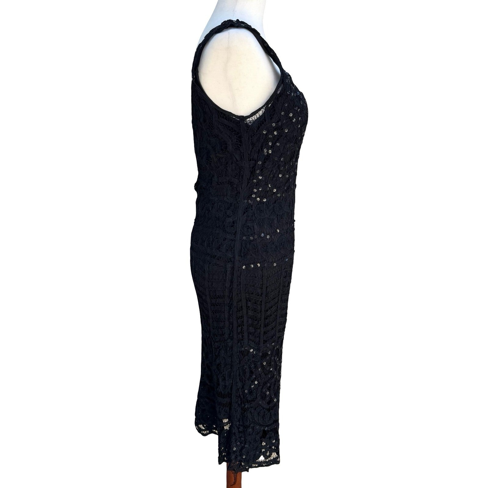 Kroshetta Papillon Vintage 80s Black Crochet Sequin Midi Evening Dress Womens M