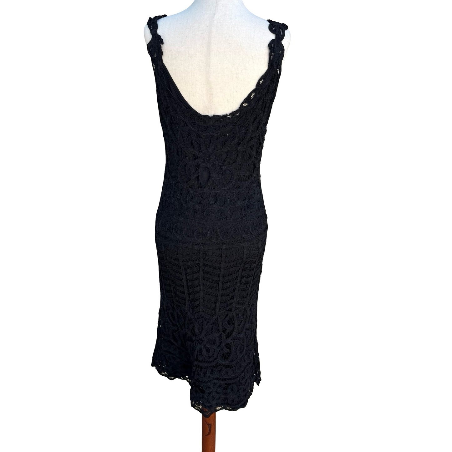 Kroshetta Papillon Vintage 80s Black Crochet Sequin Midi Evening Dress Womens M