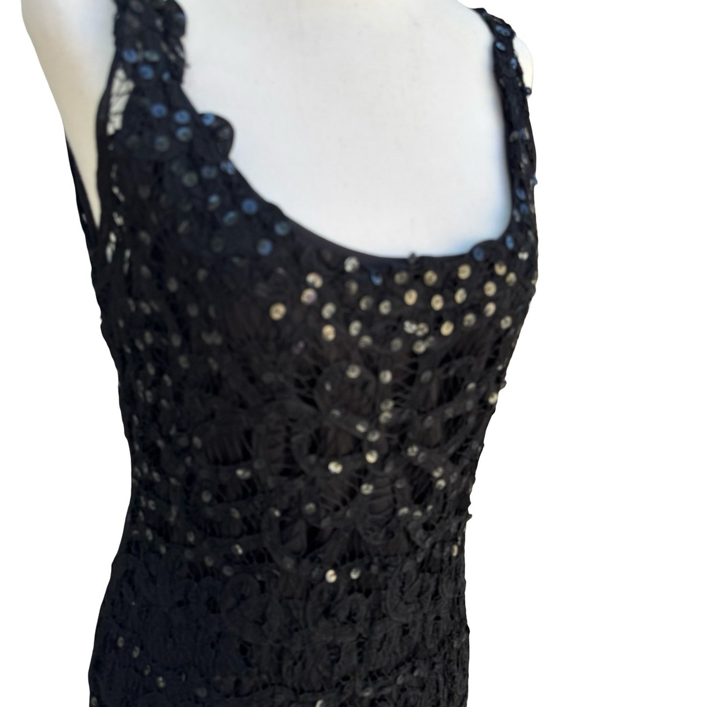 Kroshetta Papillon Vintage 80s Black Crochet Sequin Midi Evening Dress Womens M