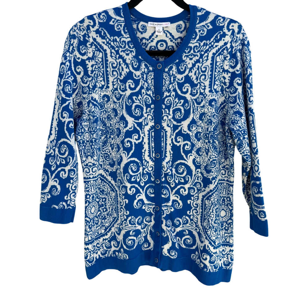 Isaac Mizrahi Live Womens Blue White Delft Print Knit Button Cardigan Sweater L