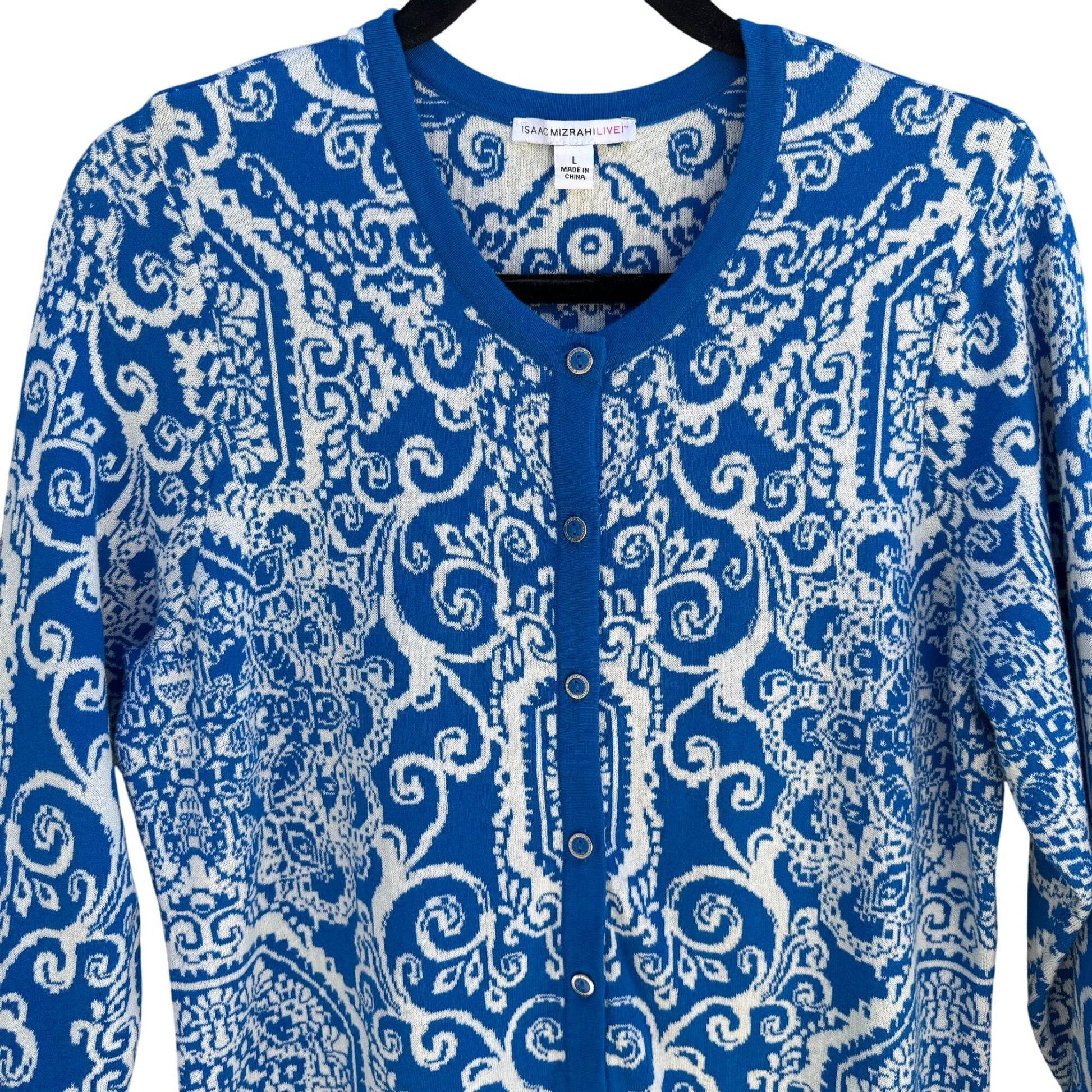 Isaac Mizrahi Live Womens Blue White Delft Print Knit Button Cardigan Sweater L