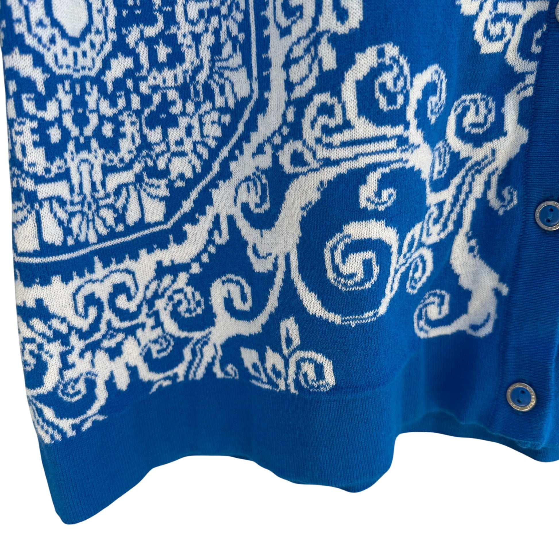 Isaac Mizrahi Live Womens Blue White Delft Print Knit Button Cardigan Sweater L