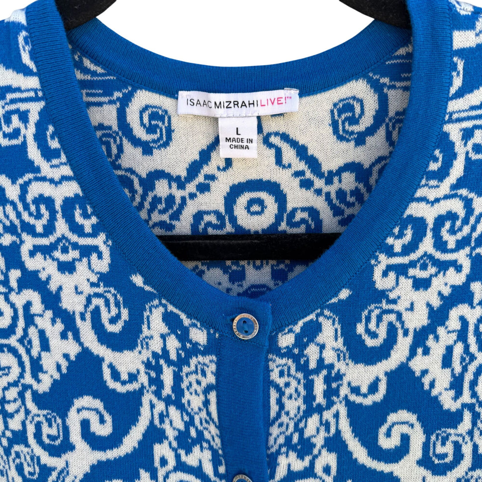 Isaac Mizrahi Live Womens Blue White Delft Print Knit Button Cardigan Sweater L