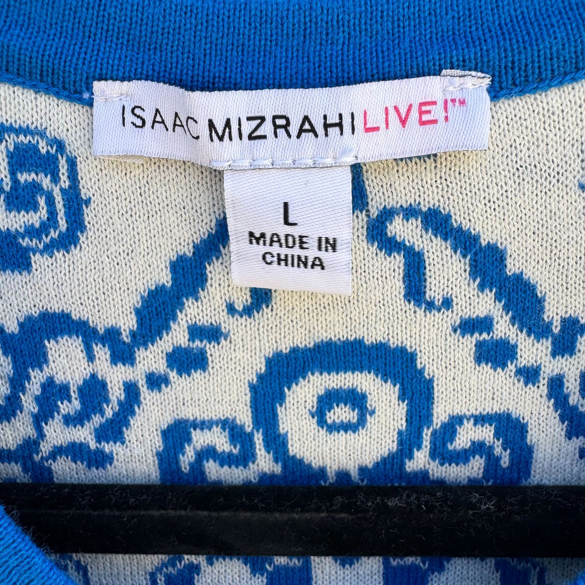 Isaac Mizrahi Live Womens Blue White Delft Print Knit Button Cardigan Sweater L