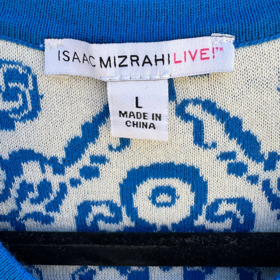 Isaac Mizrahi Live Womens Blue White Delft Print Knit Button Cardigan Sweater L