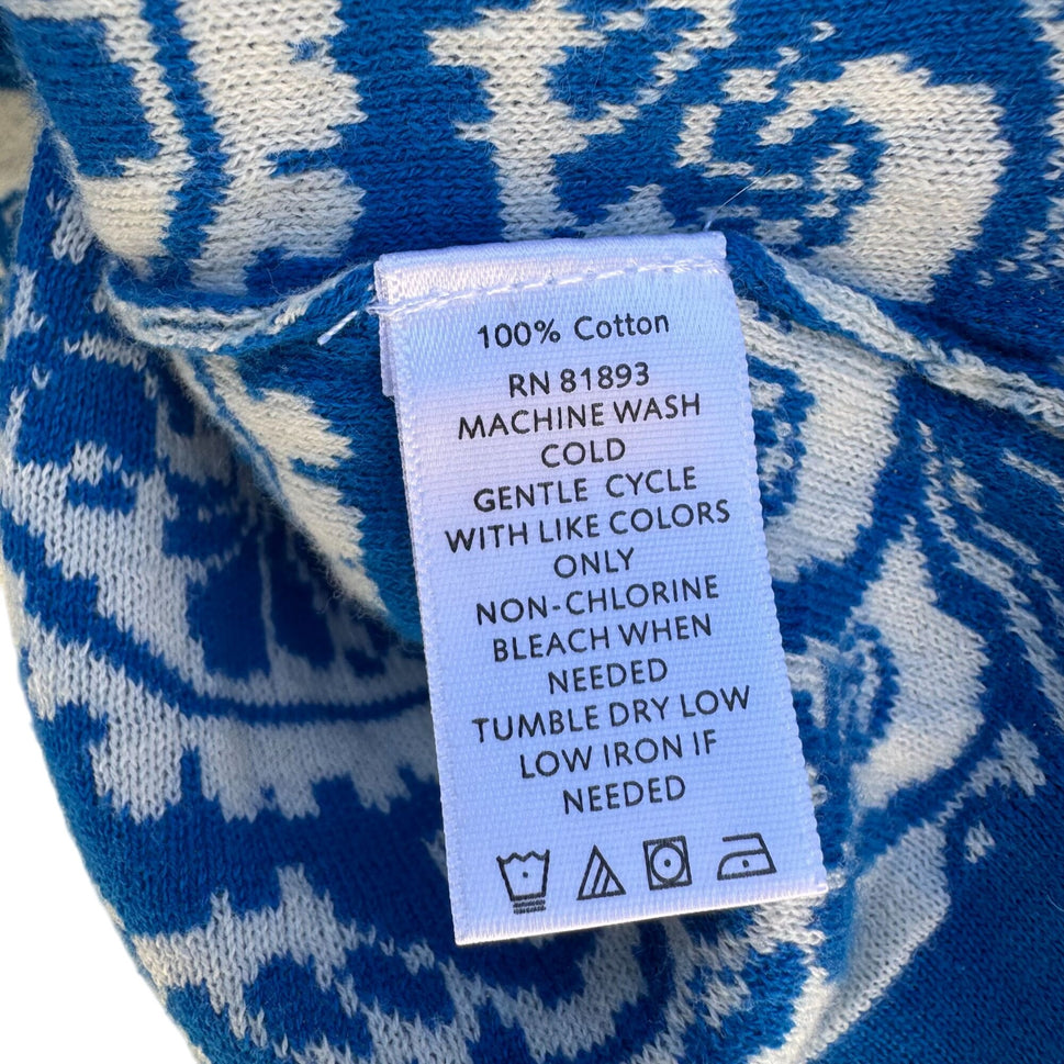 Isaac Mizrahi Live Womens Blue White Delft Print Knit Button Cardigan Sweater L