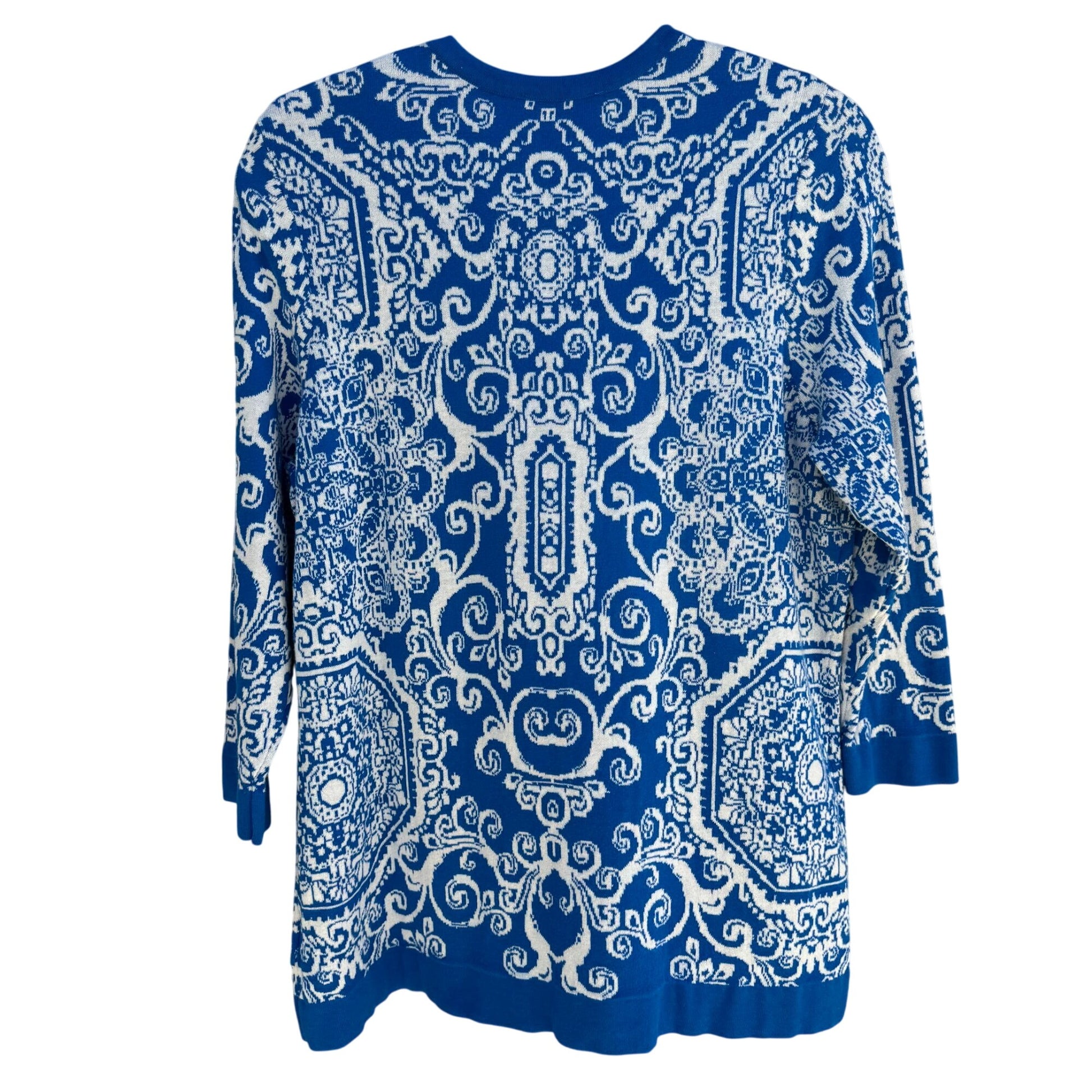 Isaac Mizrahi Live Womens Blue White Delft Print Knit Button Cardigan Sweater L