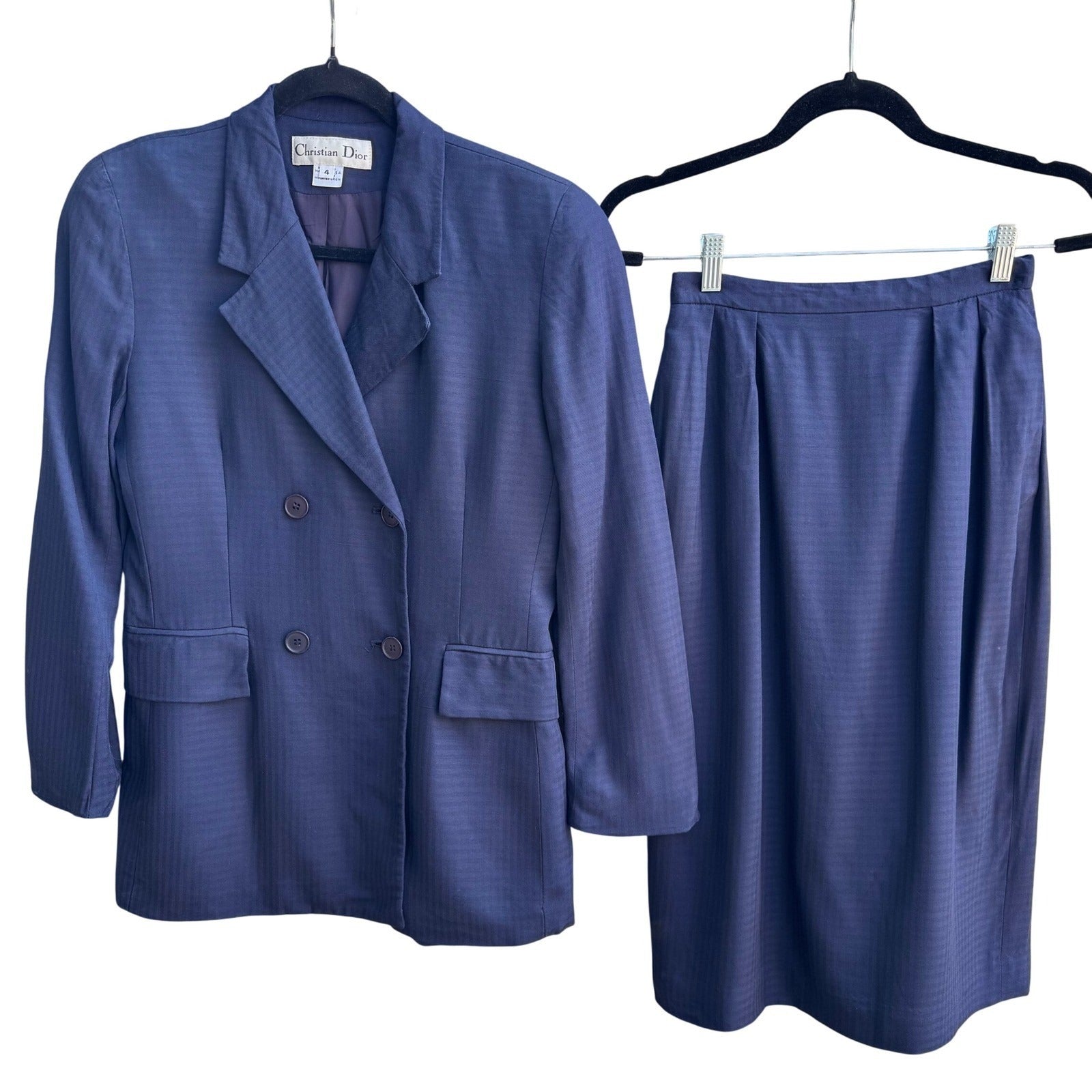 Christian Dior Vintage Navy Blue Double Breasted Skirt Suit Set Size 4 USA Made