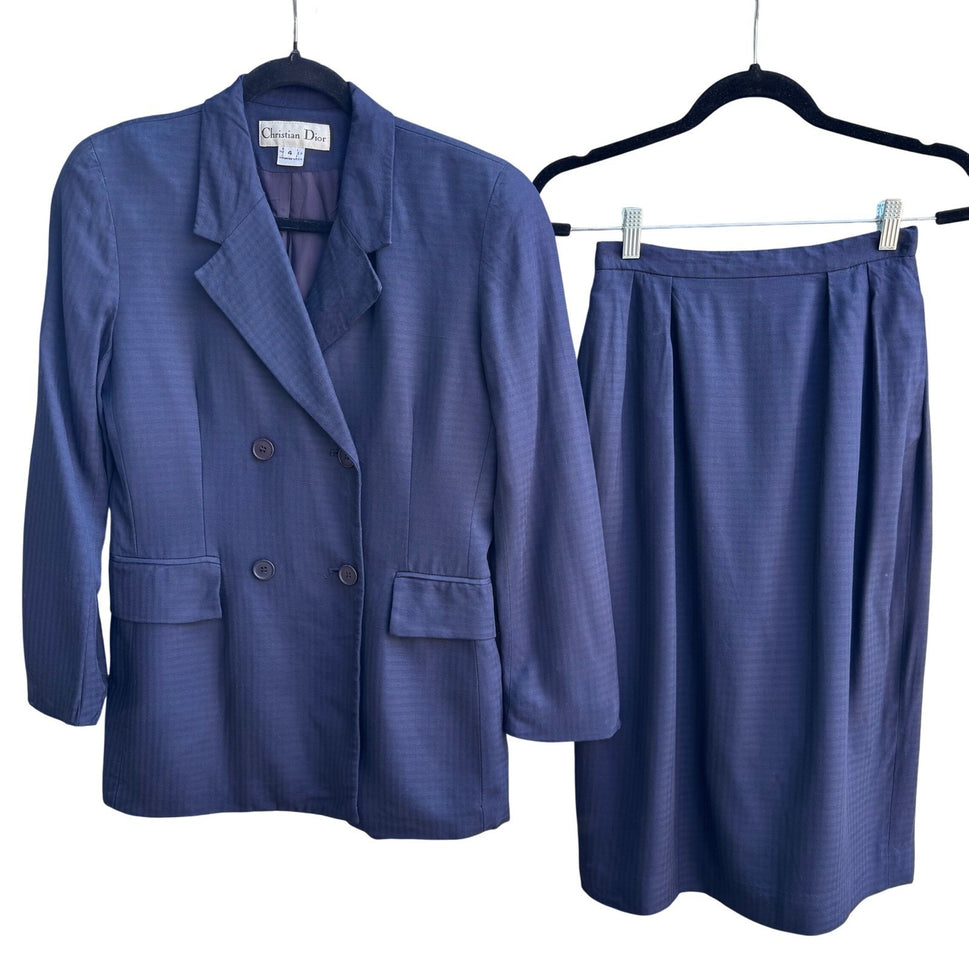 Christian Dior Vintage Navy Blue Double Breasted Skirt Suit Set Size 4 USA Made