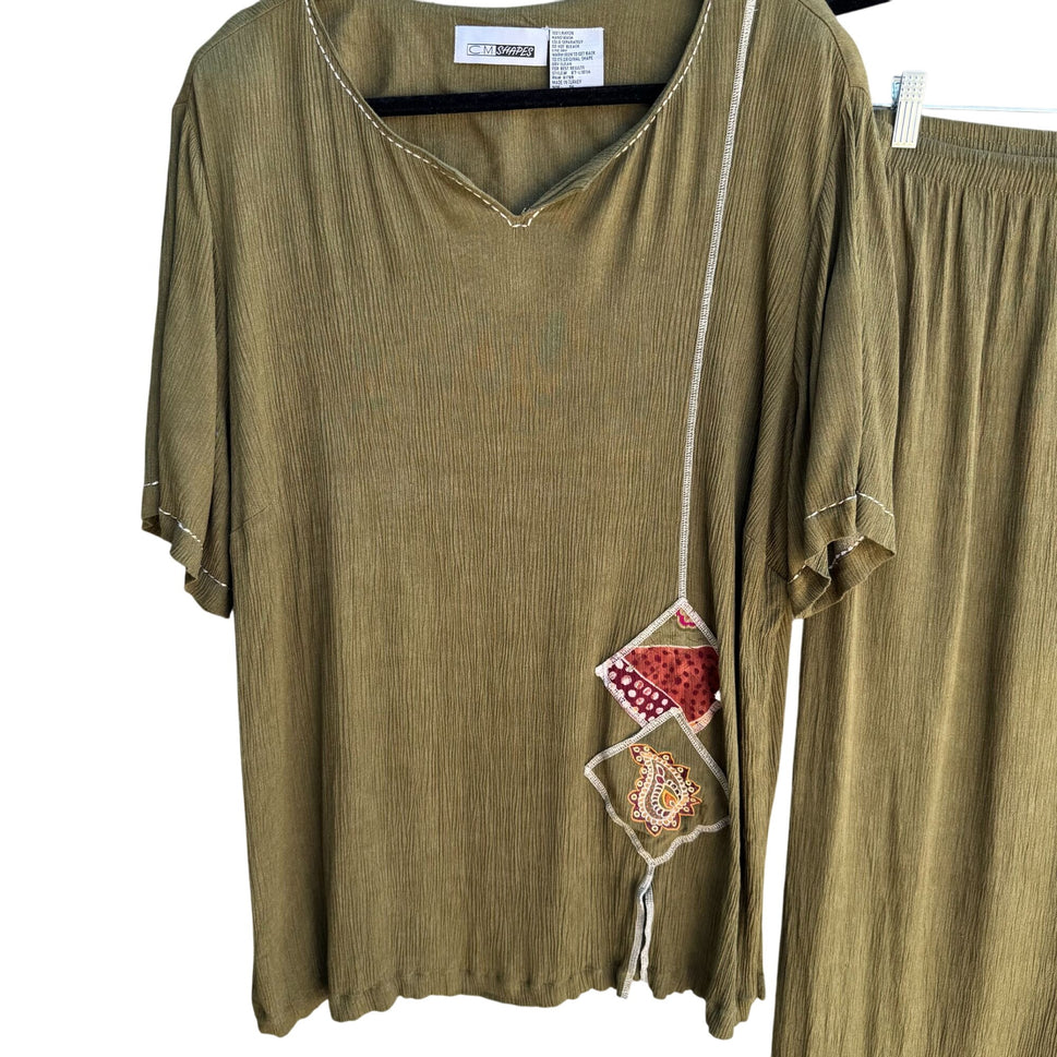 C.M. Shapes Vintage Womens Olive Green 2-Piece Embroidered Shirt Skirt Set 3X