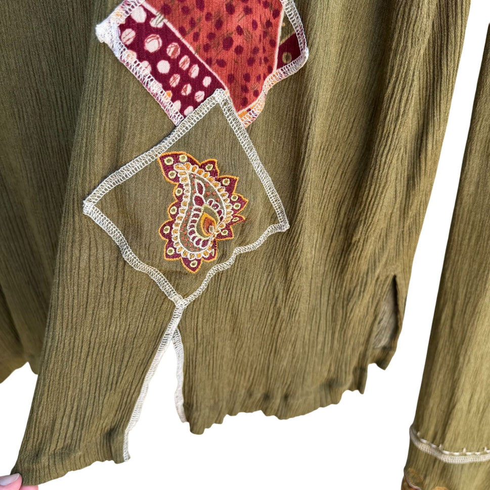 C.M. Shapes Vintage Womens Olive Green 2-Piece Embroidered Shirt Skirt Set 3X