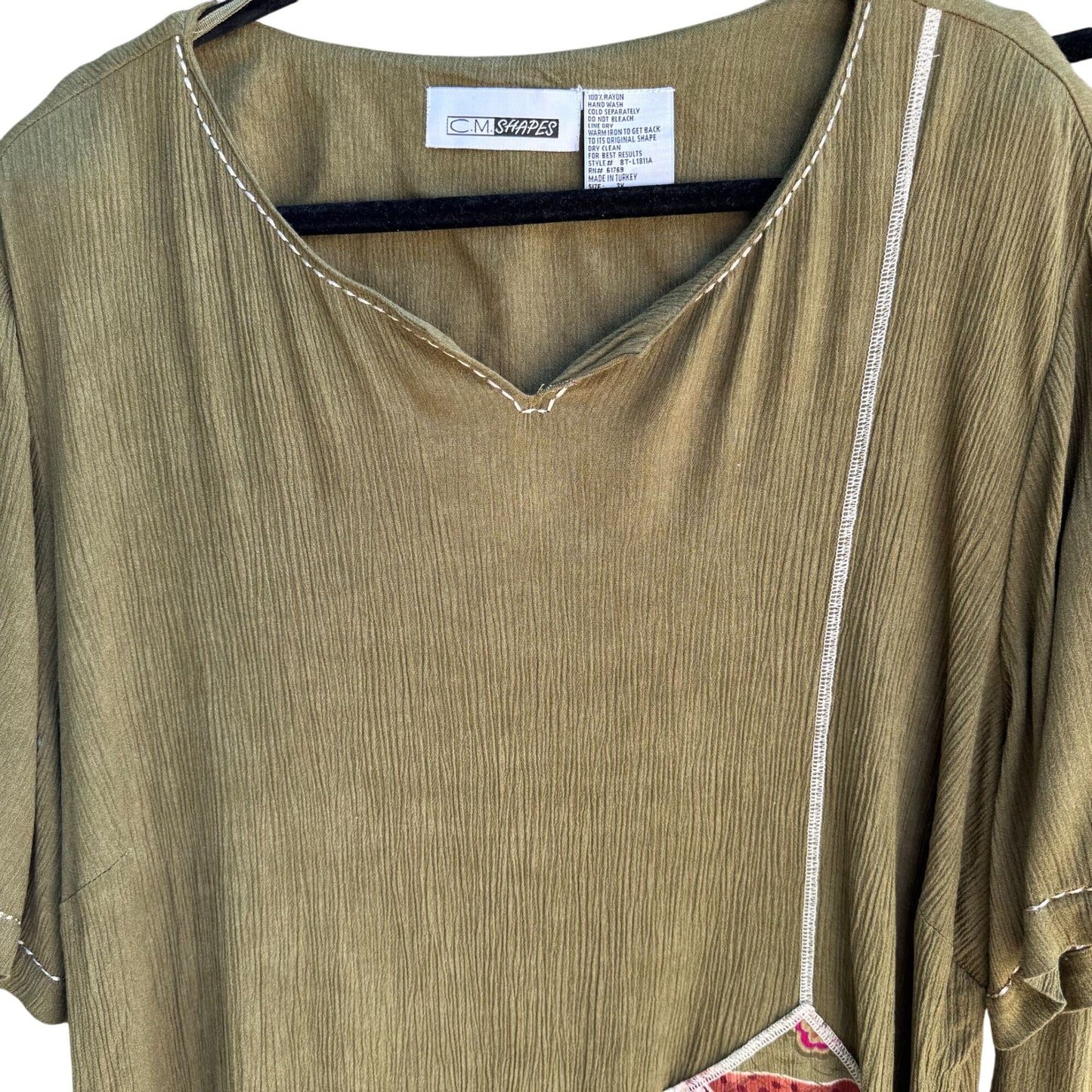 C.M. Shapes Vintage Womens Olive Green 2-Piece Embroidered Shirt Skirt Set 3X