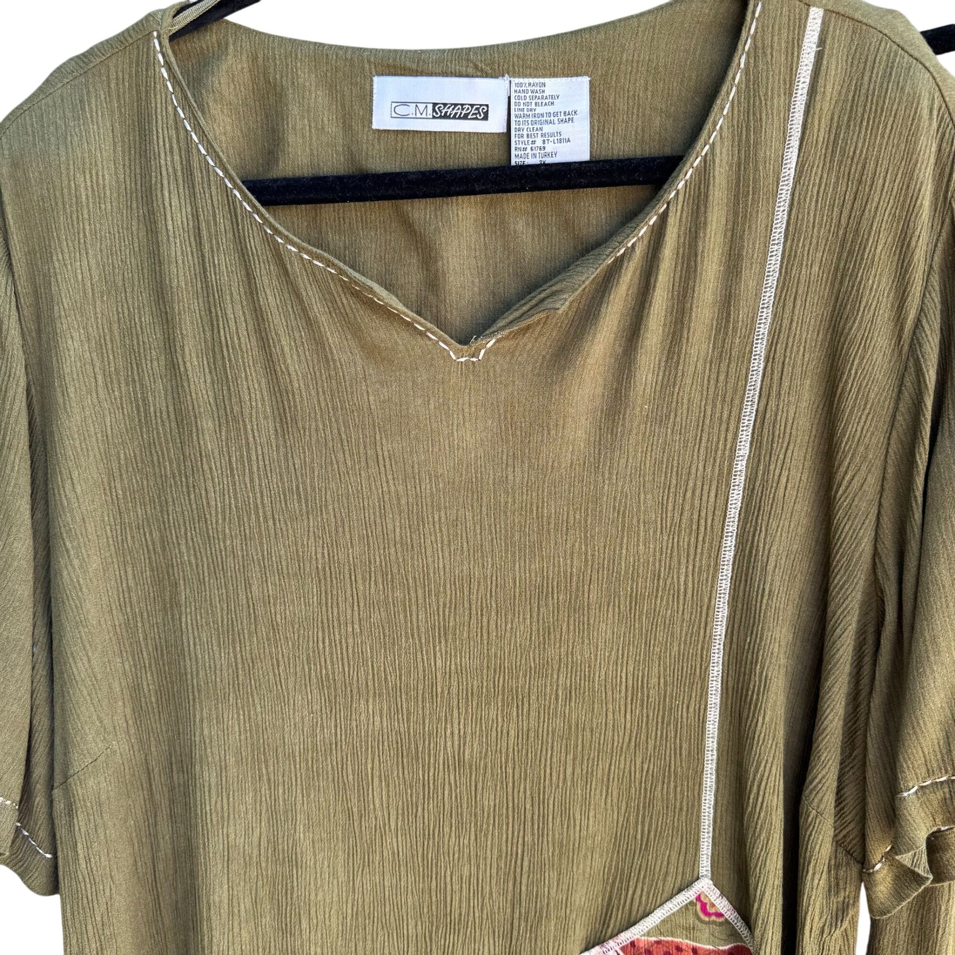 C.M. Shapes Vintage Womens Olive Green 2-Piece Embroidered Shirt Skirt Set 3X