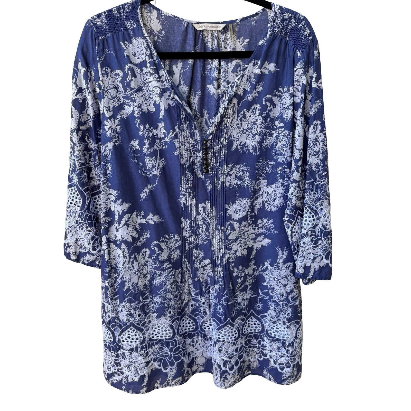 Soft Surroundings Boho Coastal Cottage Cotton Floral Eyelet Peasant Tunic Top L