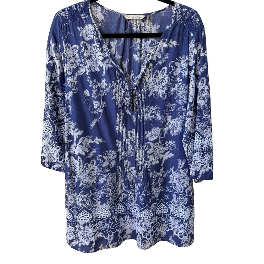 Soft Surroundings Boho Coastal Cottage Cotton Floral Eyelet Peasant Tunic Top L