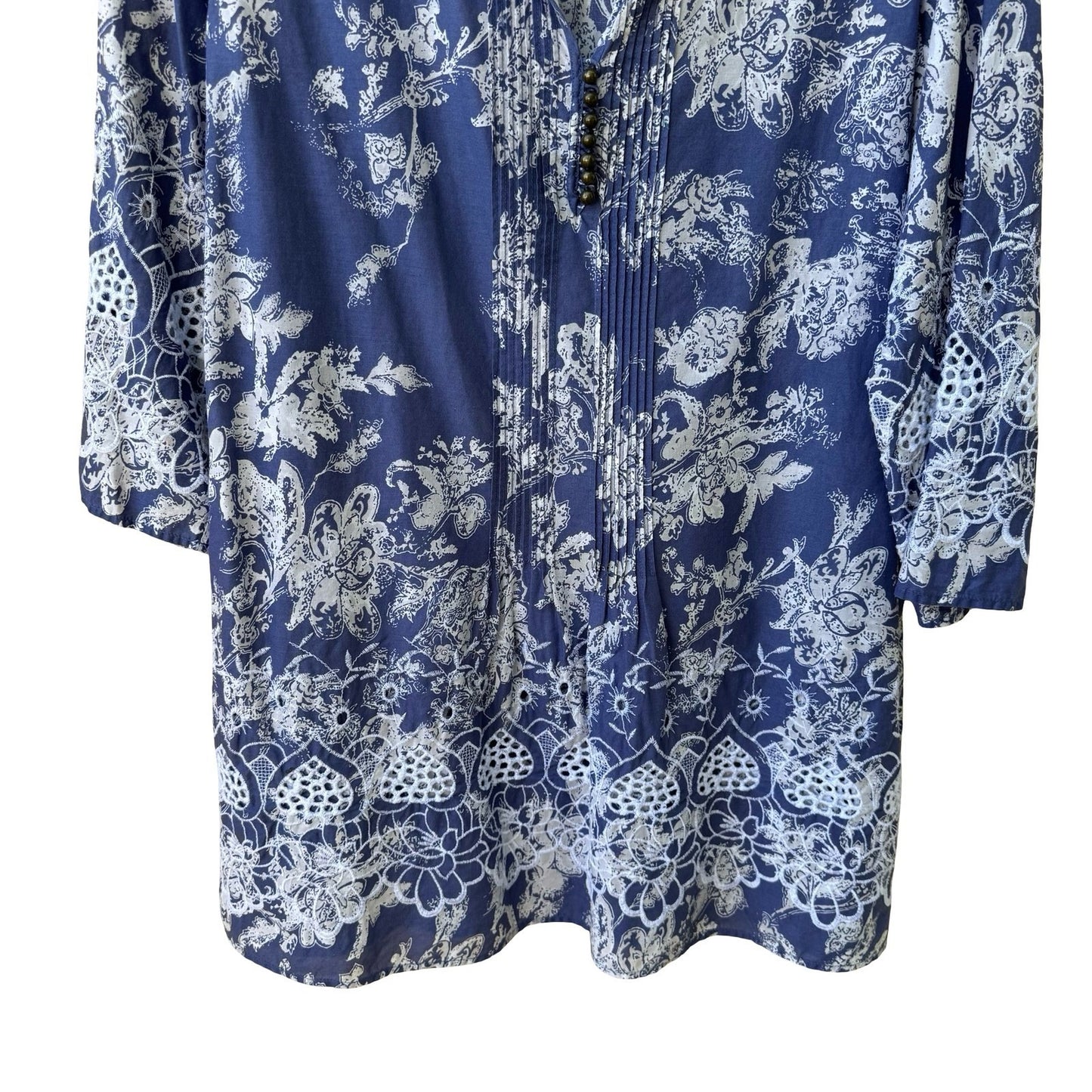 Soft Surroundings Boho Coastal Cottage Cotton Floral Eyelet Peasant Tunic Top L