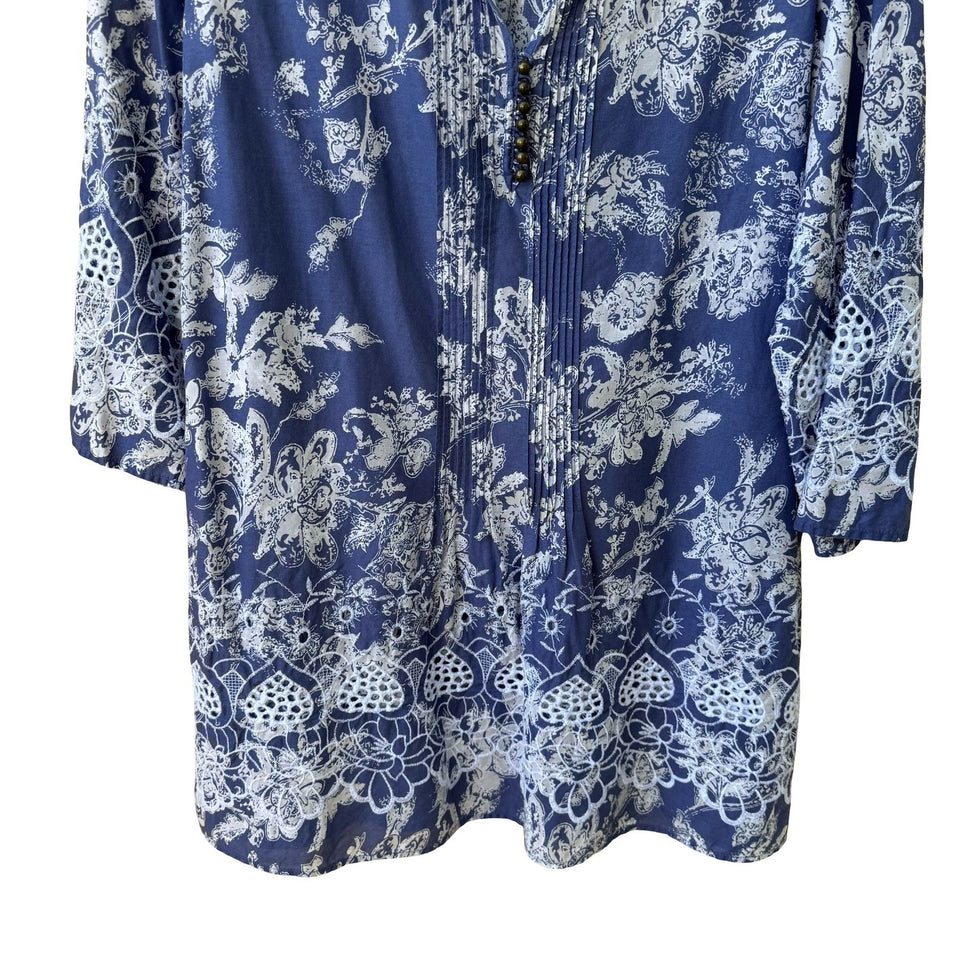 Soft Surroundings Boho Coastal Cottage Cotton Floral Eyelet Peasant Tunic Top L