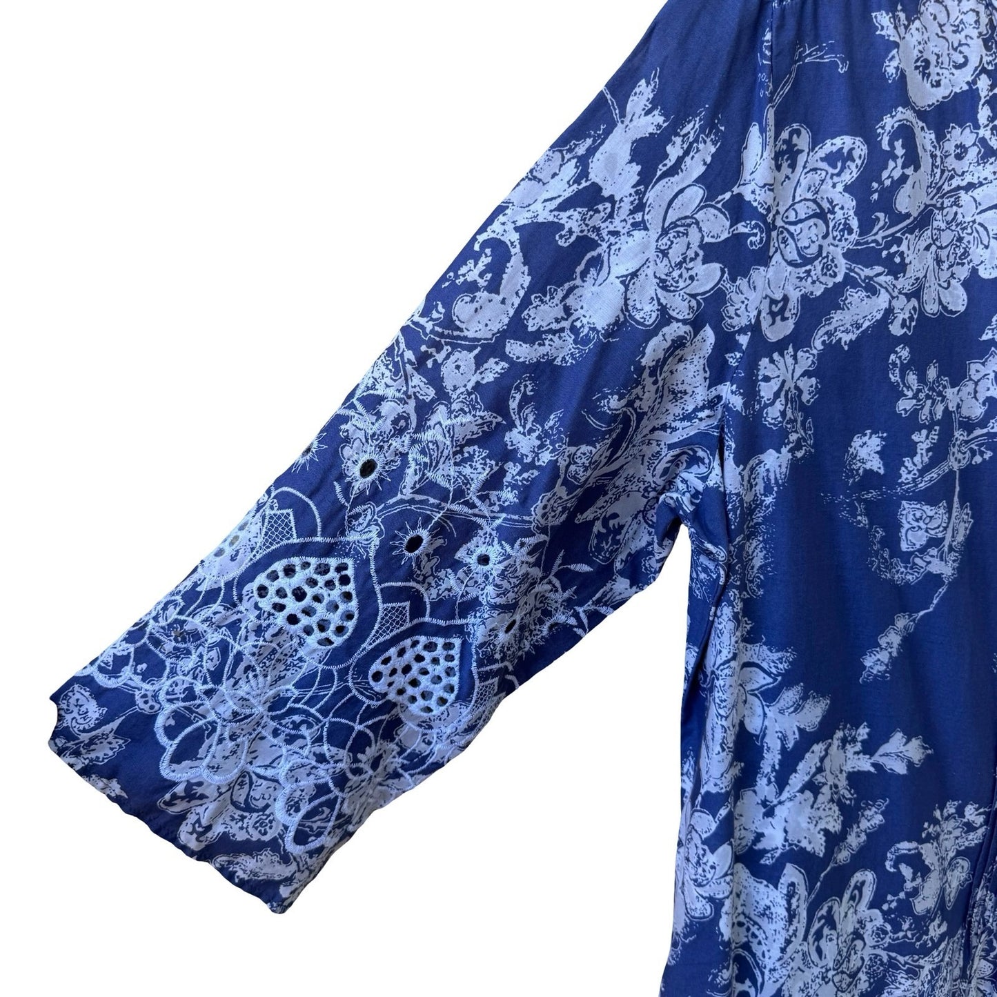 Soft Surroundings Boho Coastal Cottage Cotton Floral Eyelet Peasant Tunic Top L