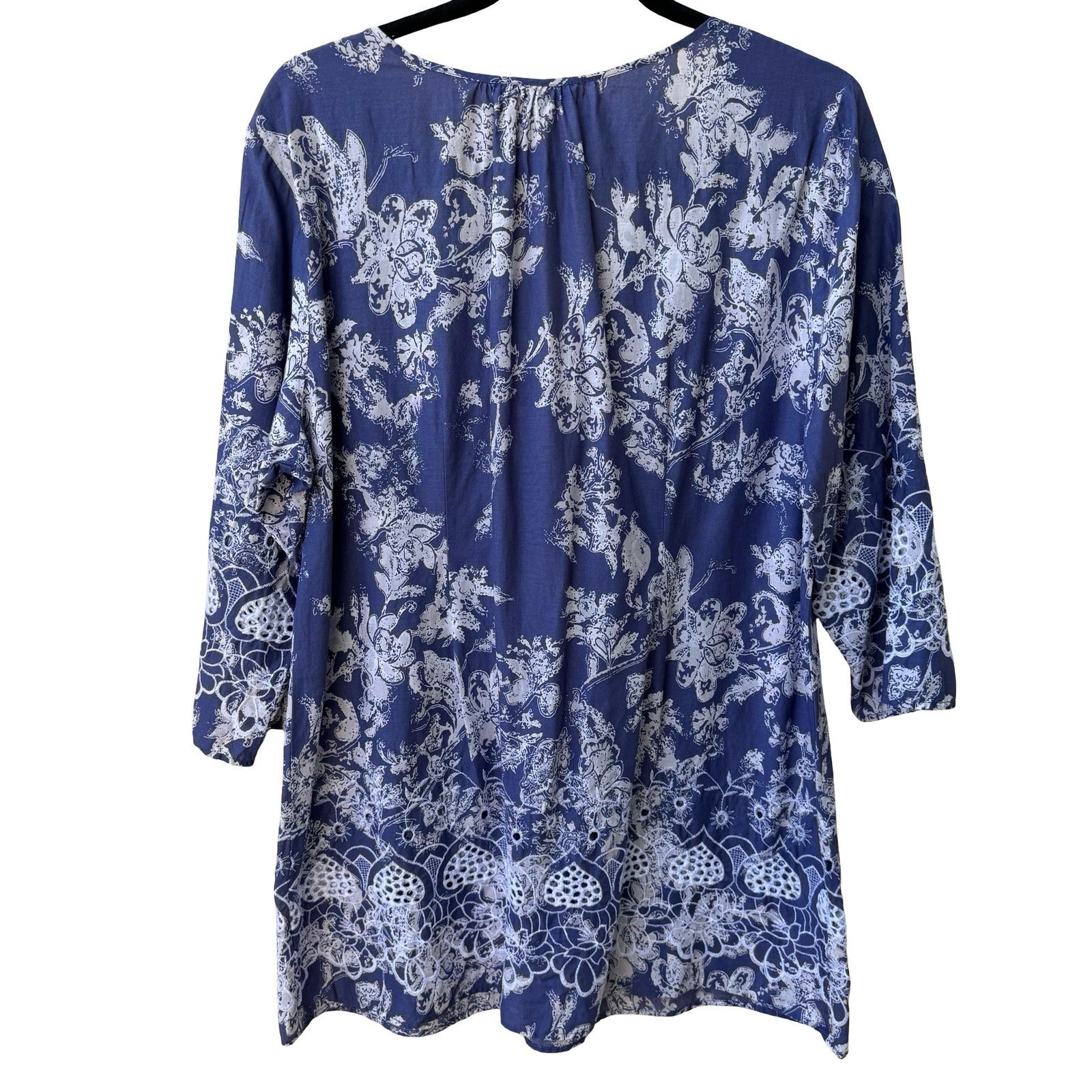 Soft Surroundings Boho Coastal Cottage Cotton Floral Eyelet Peasant Tunic Top L