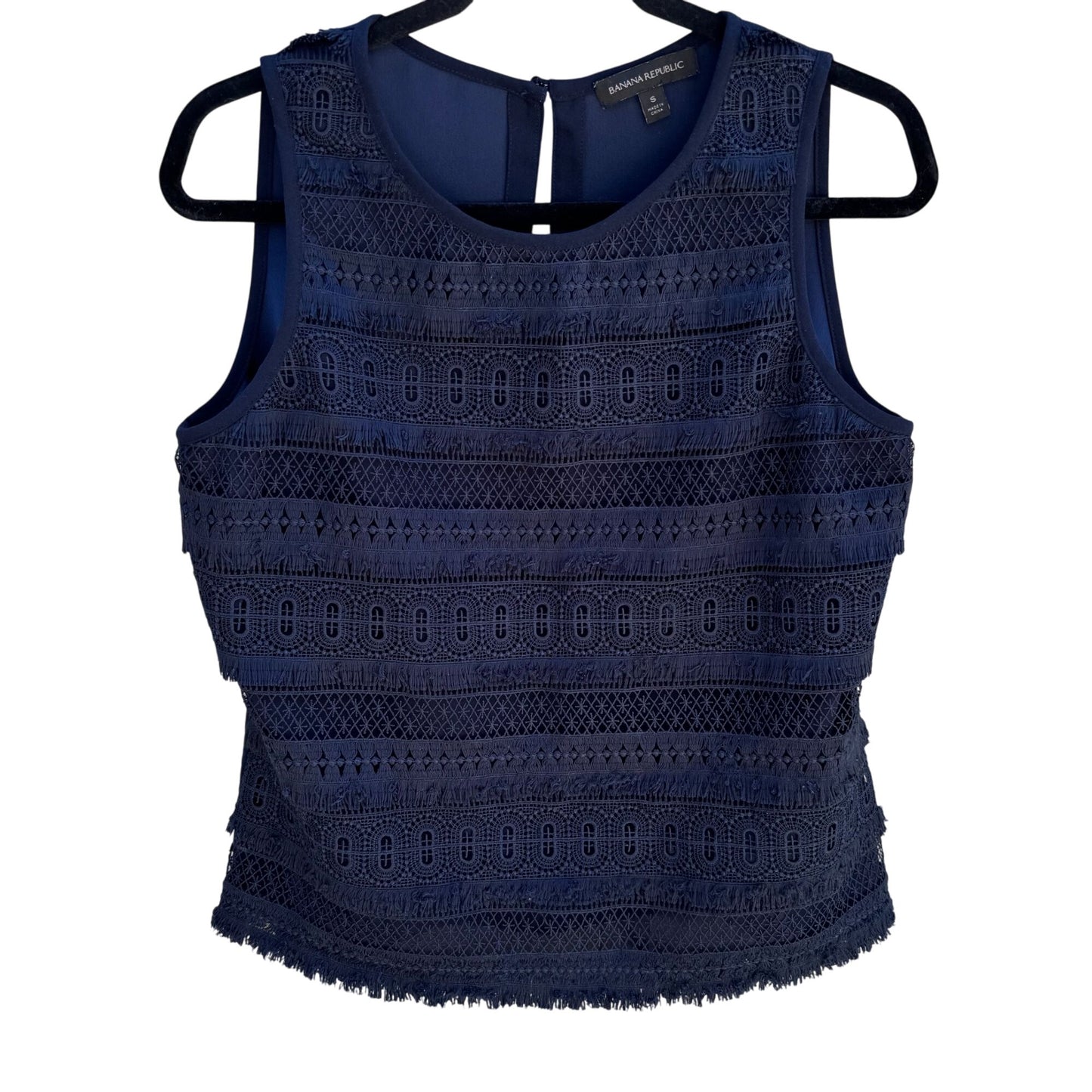 Banana Republic Womens Navy Sleeveless Lace Crochet Fringe Overlay Blouse Top S