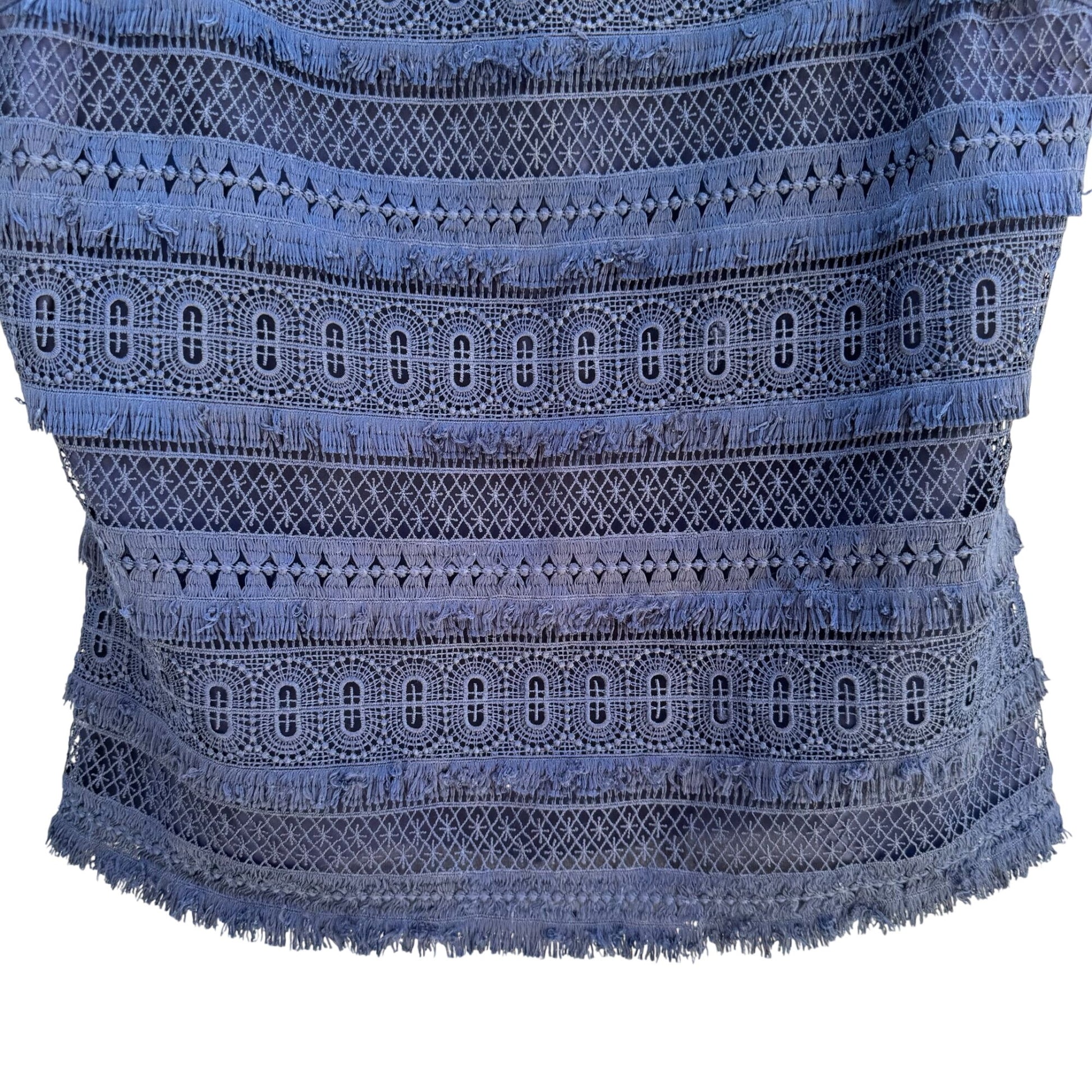 Banana Republic Womens Navy Sleeveless Lace Crochet Fringe Overlay Blouse Top S