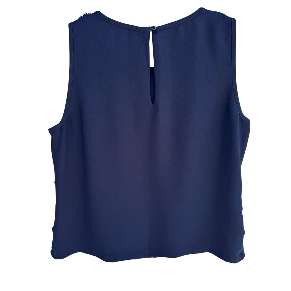 Banana Republic Womens Navy Sleeveless Lace Crochet Fringe Overlay Blouse Top S