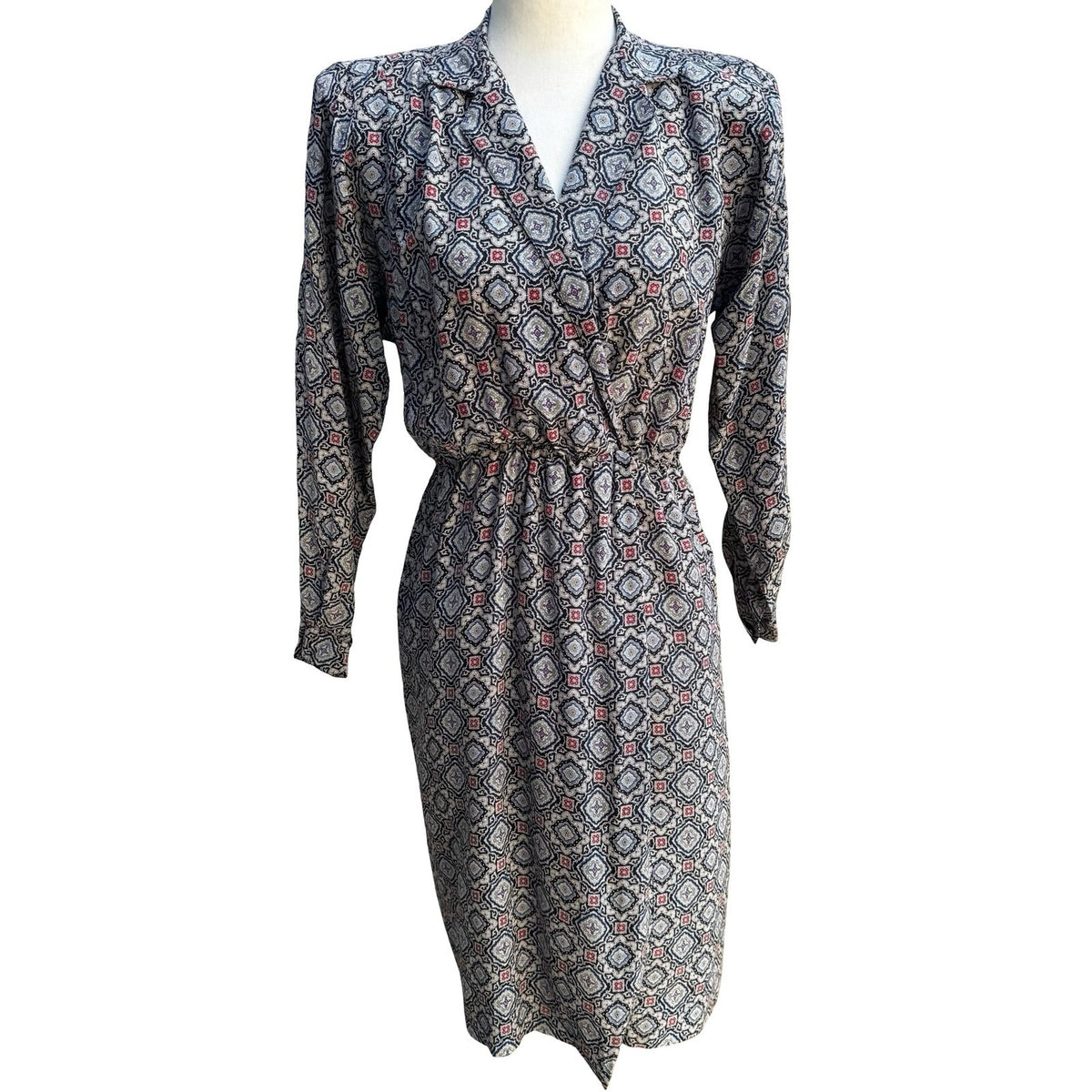 Liz Claiborne Vintage 100% Silk Geometric Medallion Wrap Secretary Dress Navy 4