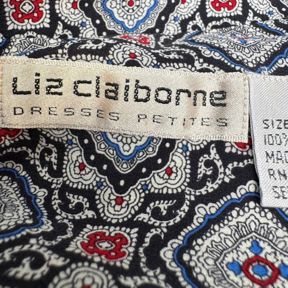 Liz Claiborne Vintage 100% Silk Geometric Medallion Wrap Secretary Dress Navy 4