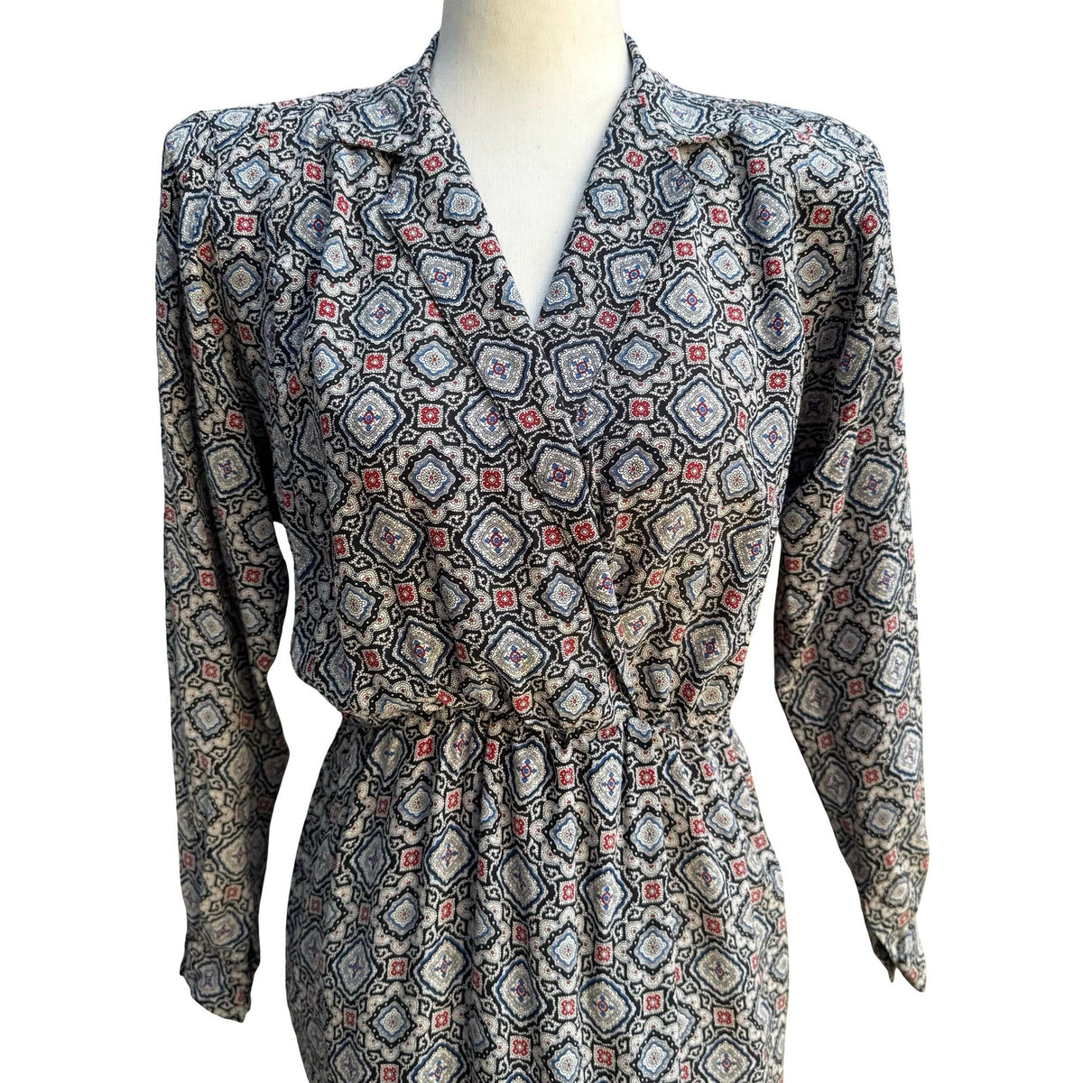Liz Claiborne Vintage 100% Silk Geometric Medallion Wrap Secretary Dress Navy 4