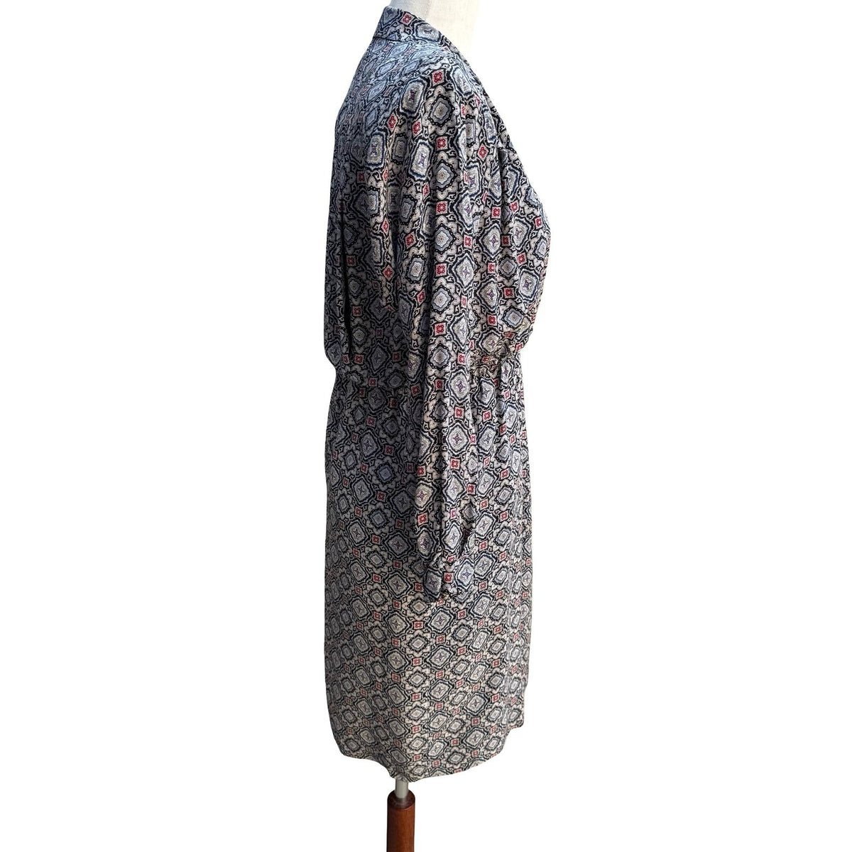 Liz Claiborne Vintage 100% Silk Geometric Medallion Wrap Secretary Dress Navy 4
