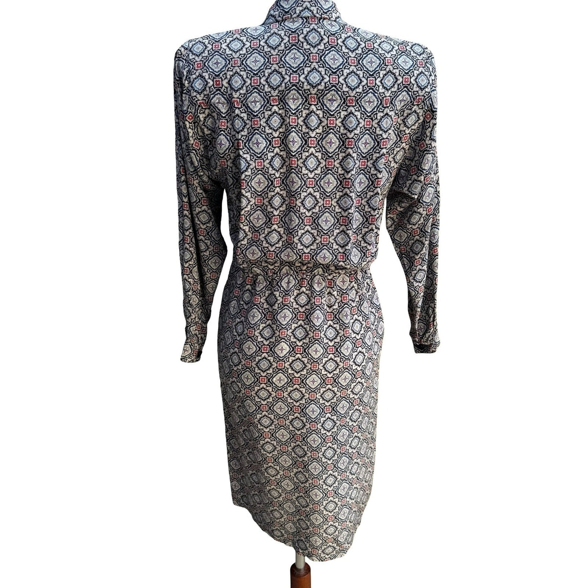 Liz Claiborne Vintage 100% Silk Geometric Medallion Wrap Secretary Dress Navy 4