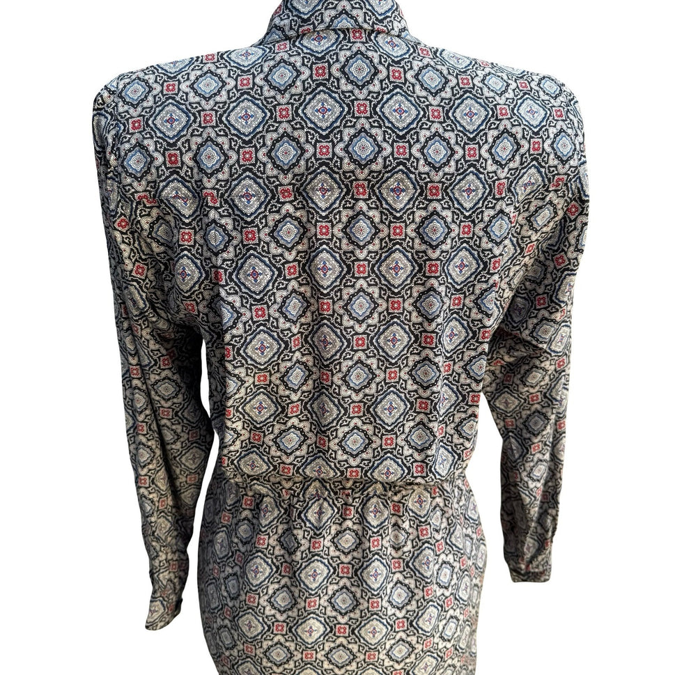 Liz Claiborne Vintage 100% Silk Geometric Medallion Wrap Secretary Dress Navy 4