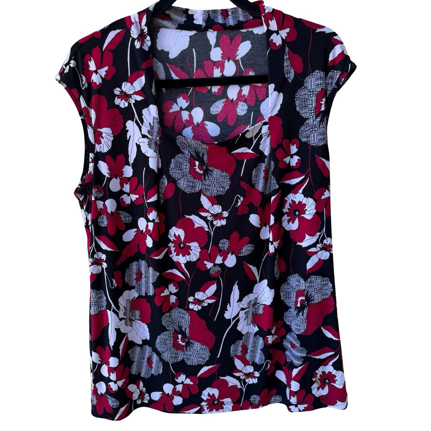 Anne Klein Professional Career Workwear Floral Sleeveless Draped Neck Blouse L