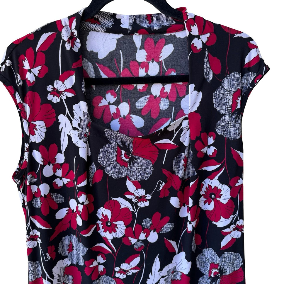 Anne Klein Professional Career Workwear Floral Sleeveless Draped Neck Blouse L
