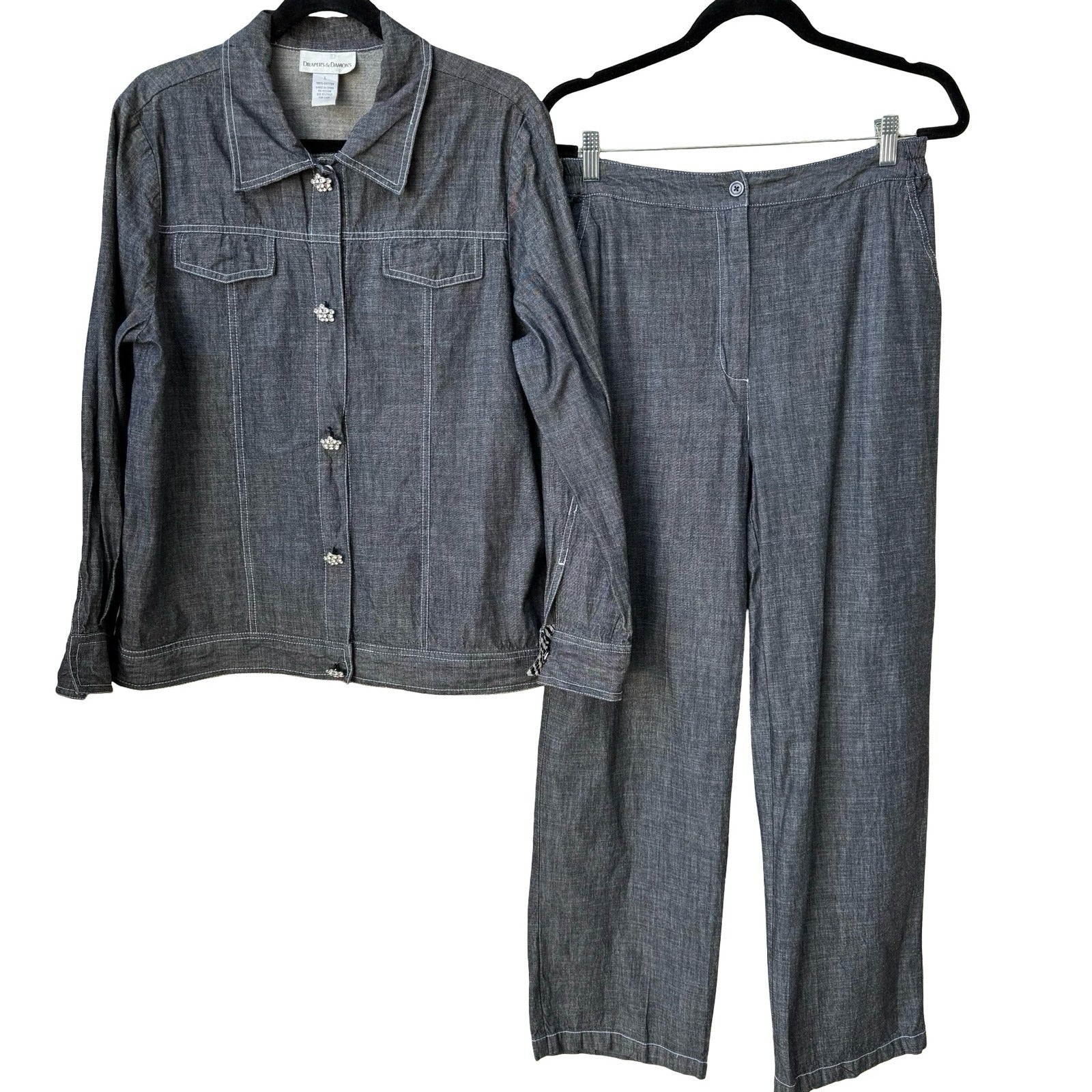 Drapers & Damons Womens Large Gray Cotton Chambray Pant Set Rhinestone Buttons