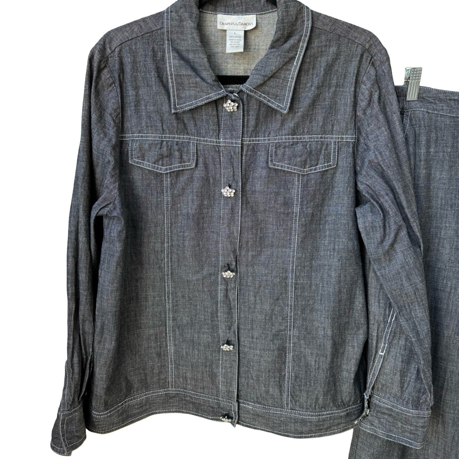 Drapers & Damons Womens Large Gray Cotton Chambray Pant Set Rhinestone Buttons
