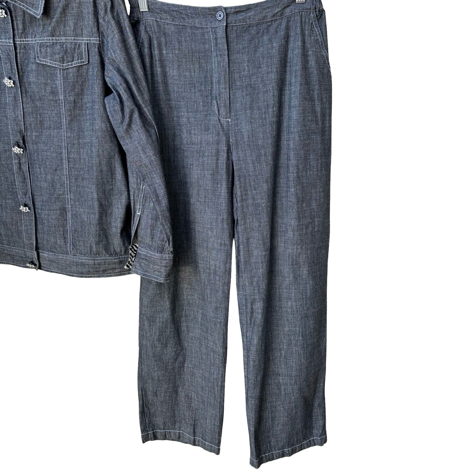 Drapers & Damons Womens Large Gray Cotton Chambray Pant Set Rhinestone Buttons