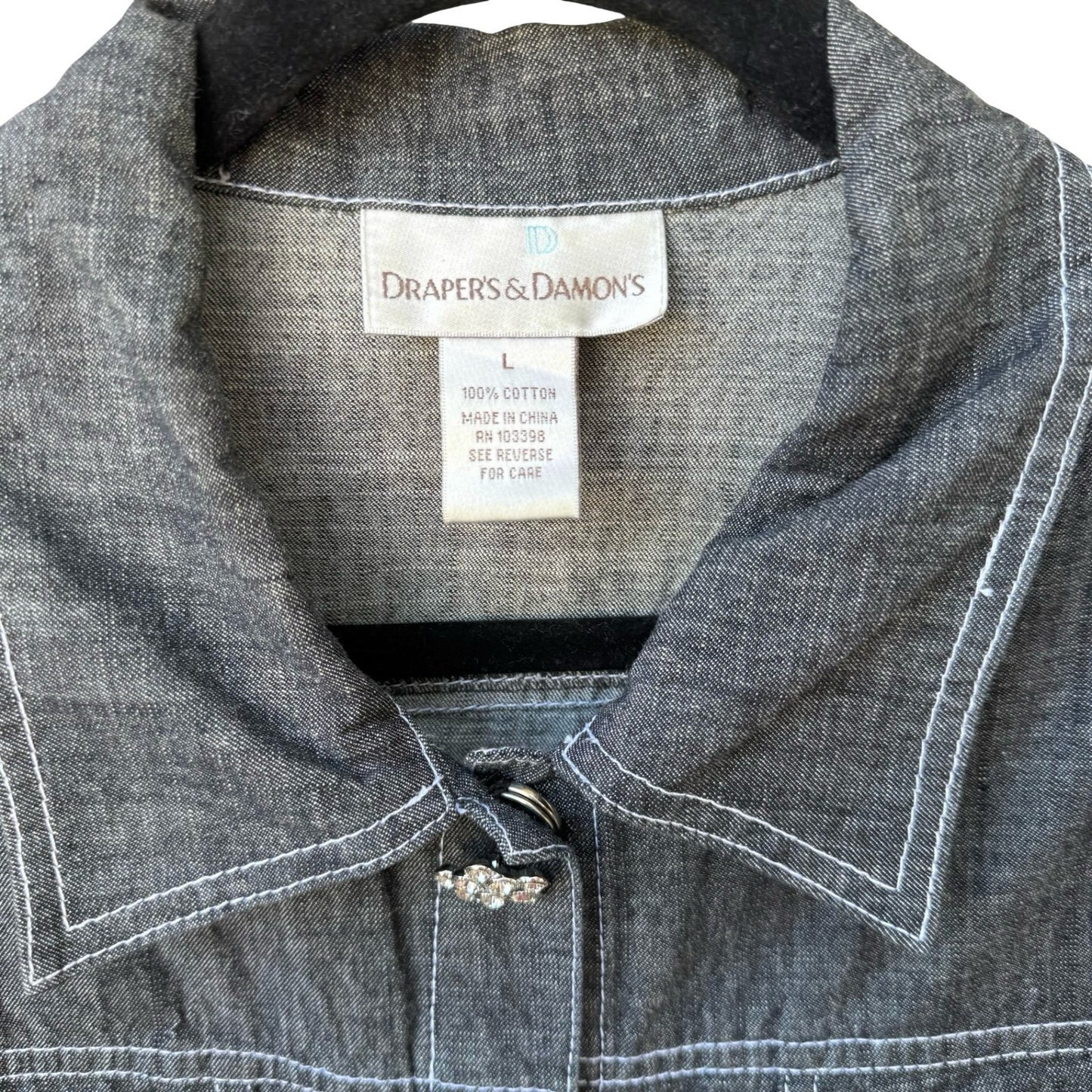 Drapers & Damons Womens Large Gray Cotton Chambray Pant Set Rhinestone Buttons