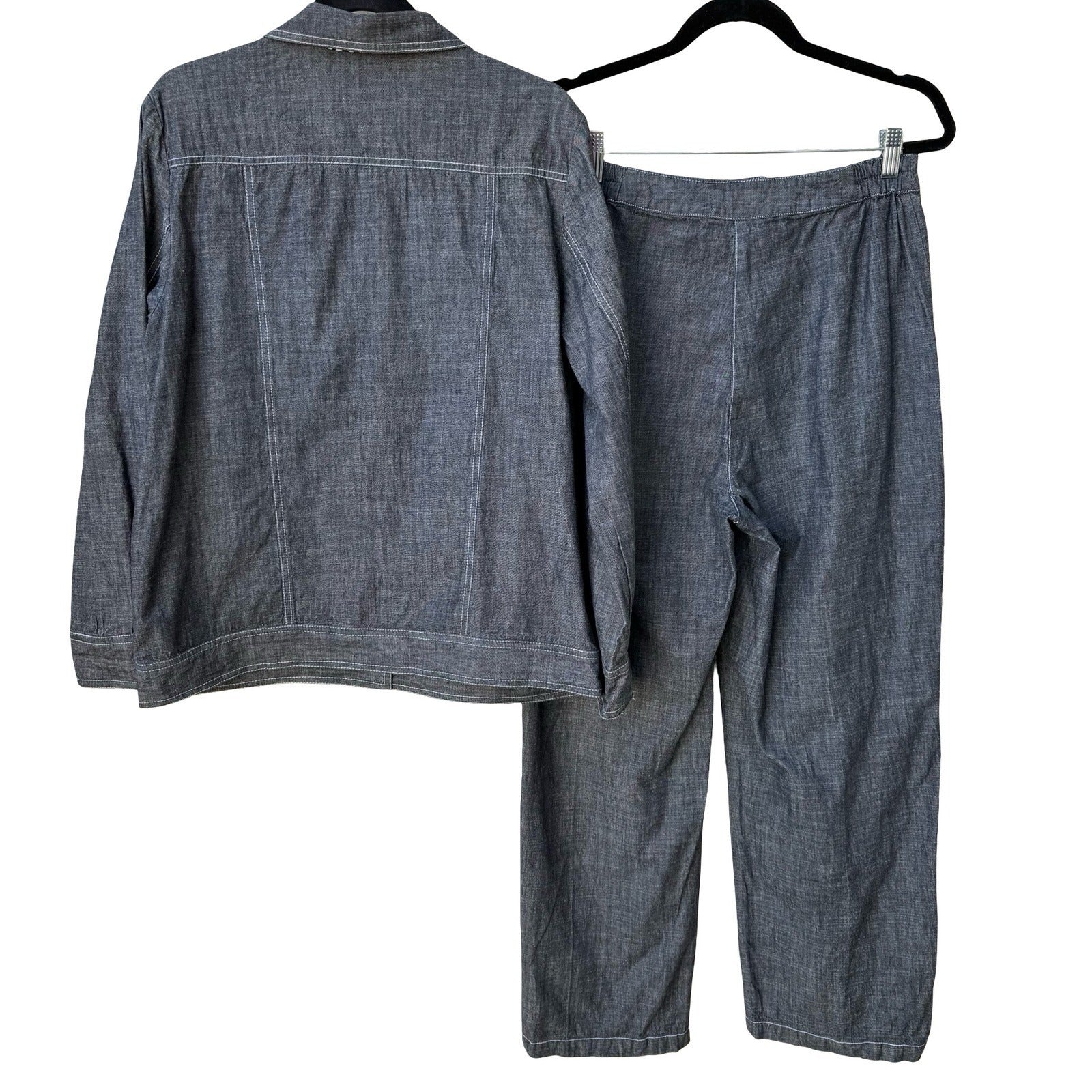 Drapers & Damons Womens Large Gray Cotton Chambray Pant Set Rhinestone Buttons