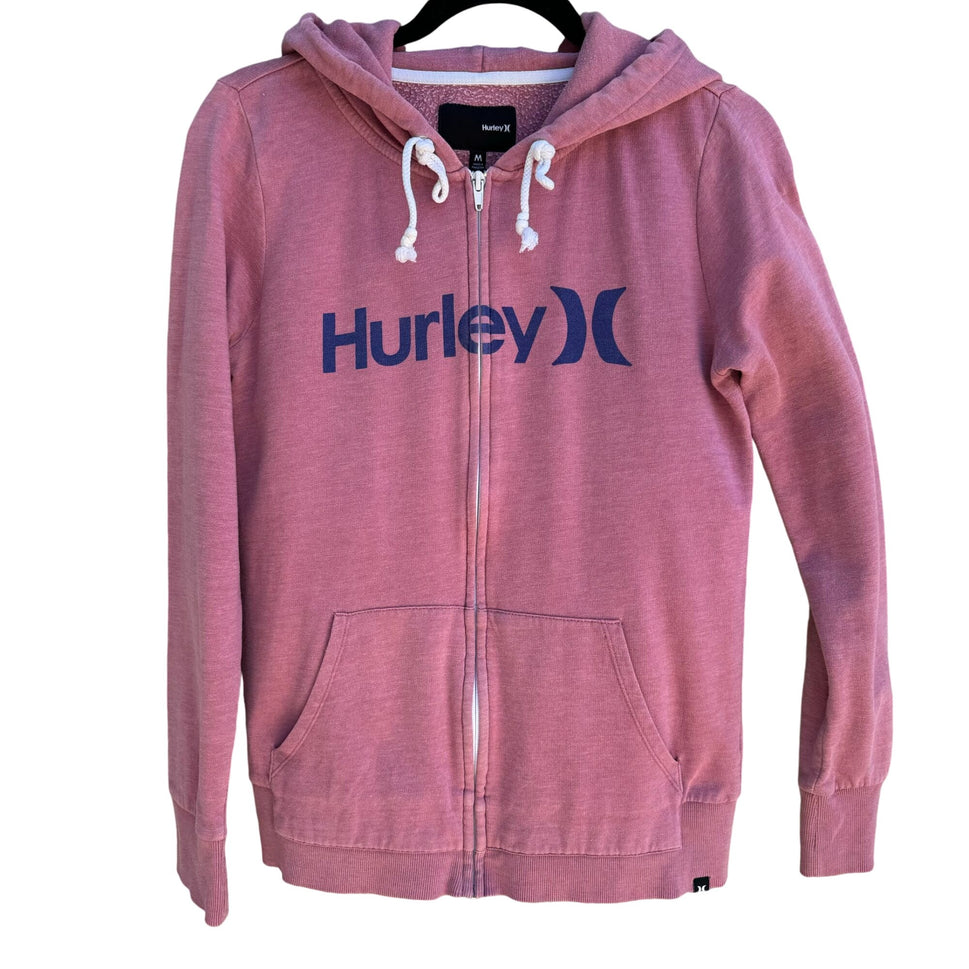 Hurley Vintage Y2K Womens Pink Zip Front Graphic Print Long Sleeve Hoodie Medium