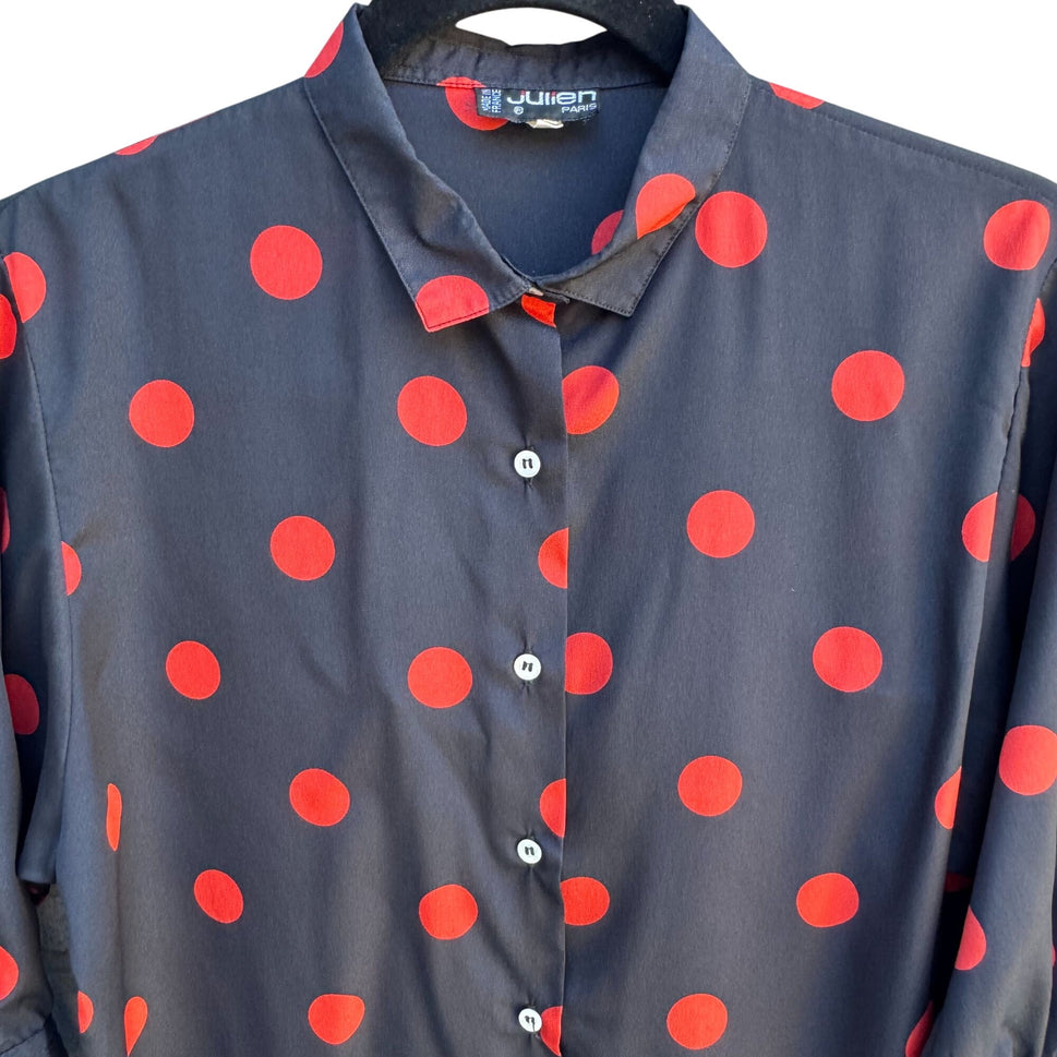Julien Paris Vintage Womens Black Red Polka Dot Button 3/4 Sleeve Flowy Blouse L
