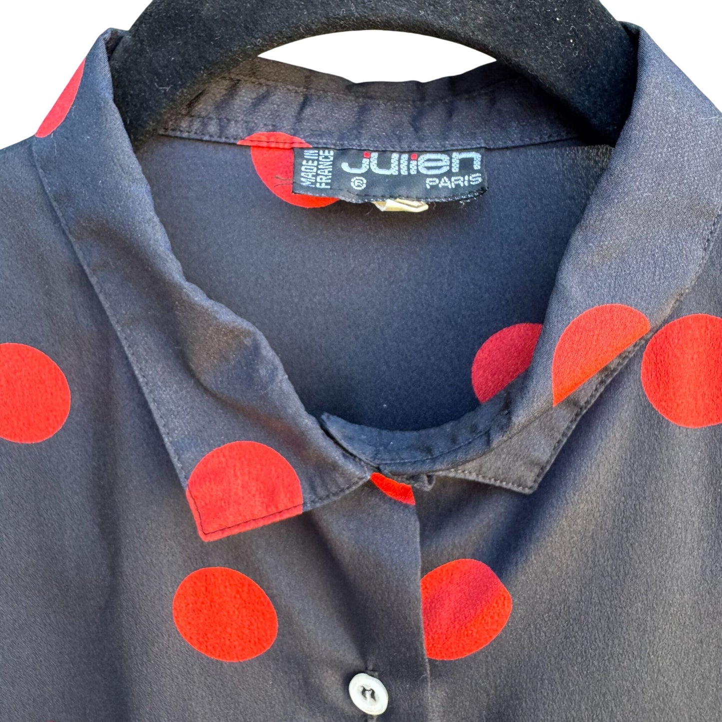Julien Paris Vintage Womens Black Red Polka Dot Button 3/4 Sleeve Flowy Blouse L