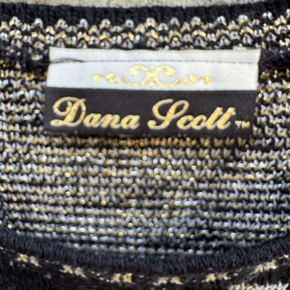 Dana Scott Vintage Metallic Floral Knit Sweater Cottage Glam M Black Gold Silver