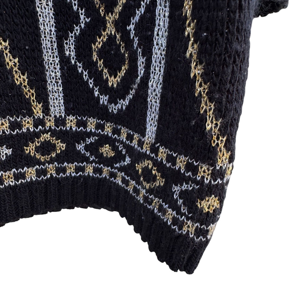 Dana Scott Vintage Metallic Floral Knit Sweater Cottage Glam M Black Gold Silver